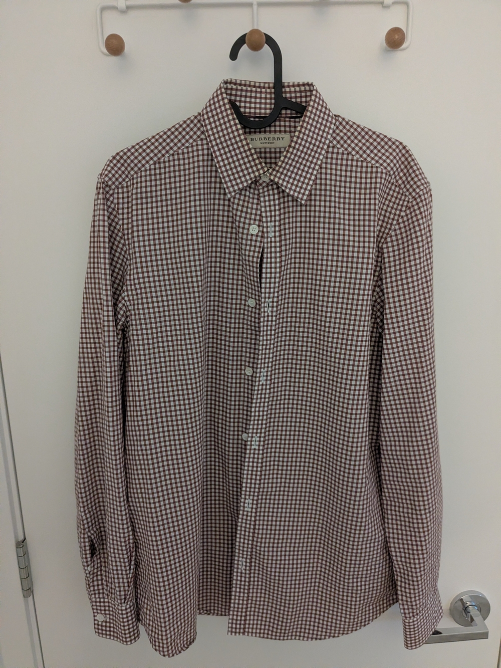 Burberry Men's Burgundy and White Gingham Dress Shirt